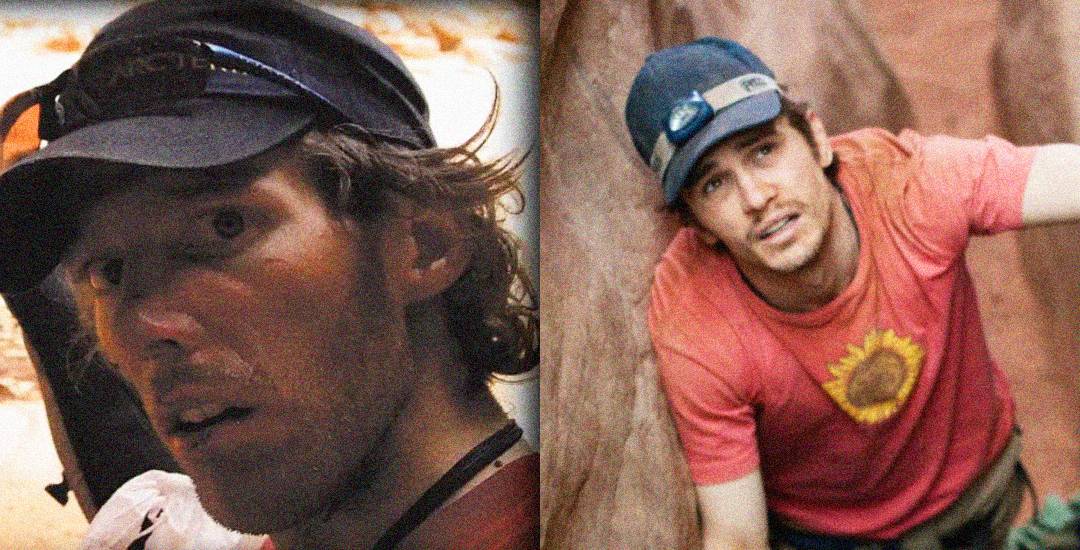 A split image shows two men in outdoor gear. On the left, a man with a cap and headlamp looks tired and alert. On the right, a man in a red shirt and cap climbs between canyon walls, appearing focused.