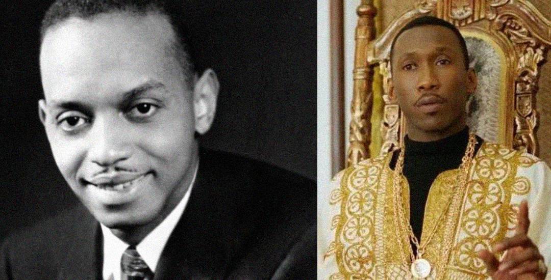 A black-and-white portrait of a smiling man in a suit is shown on the left. On the right, a man wearing ornate gold and white clothing sits on a decorative throne, looking serious.