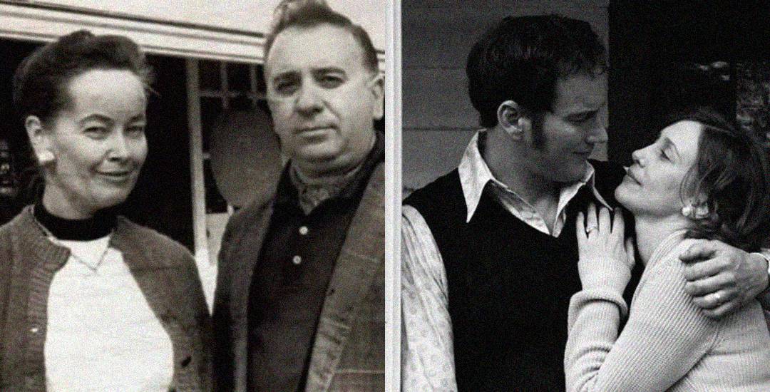 Two black-and-white photos side by side: on the left, an older couple stands close together, looking at the camera; on the right, a younger couple stands arm in arm, gazing at each other affectionately.