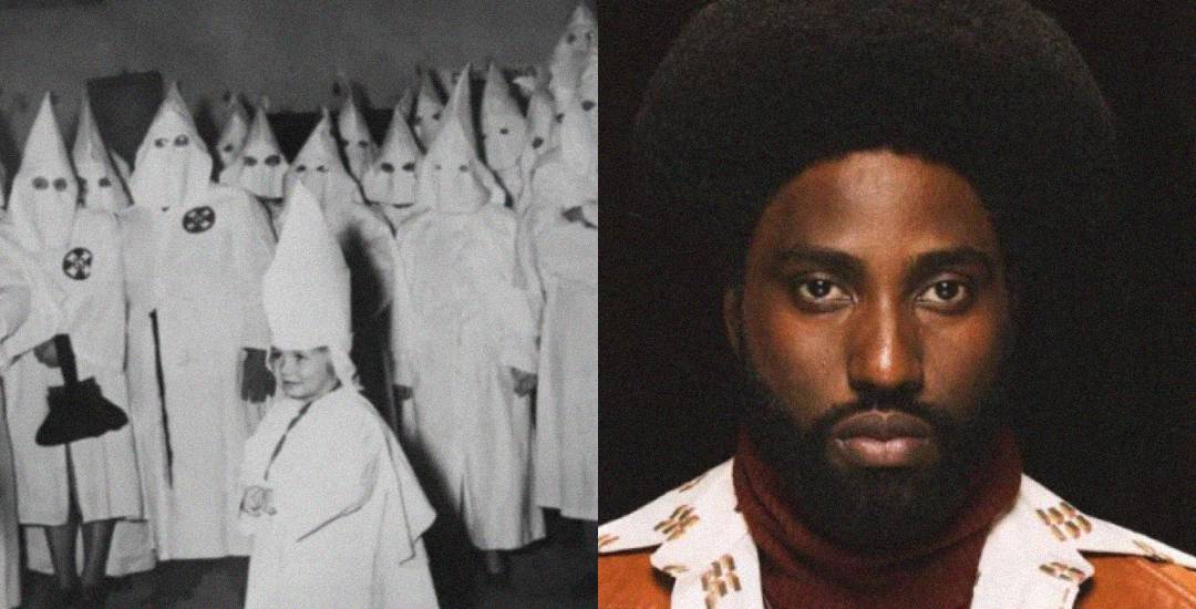 A split image: on the left, a historic black-and-white photo of Ku Klux Klan members in white hoods and robes; on the right, a close-up color portrait of a serious Black man with an afro.