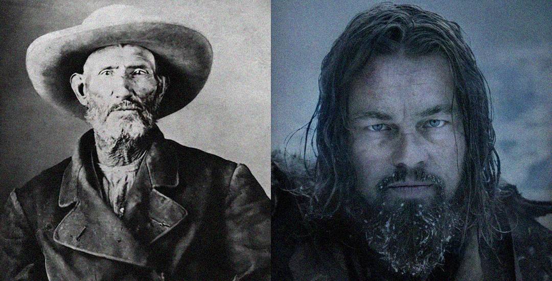 Side-by-side portraits: on the left, an old black-and-white photo of a bearded man in a hat and coat; on the right, a modern color image of a man with long hair and a frosty beard in wintry conditions.