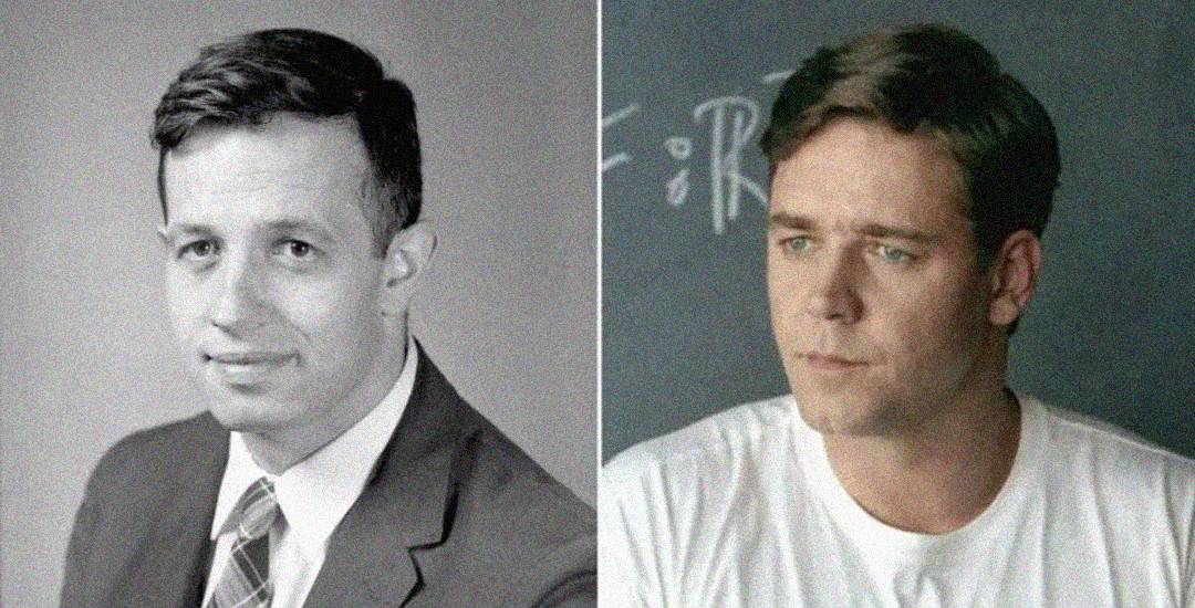 Side-by-side image: on the left, a black-and-white portrait of a man in a suit and tie; on the right, a color photo of another man with similar features, wearing a white shirt and sitting in front of a chalkboard.