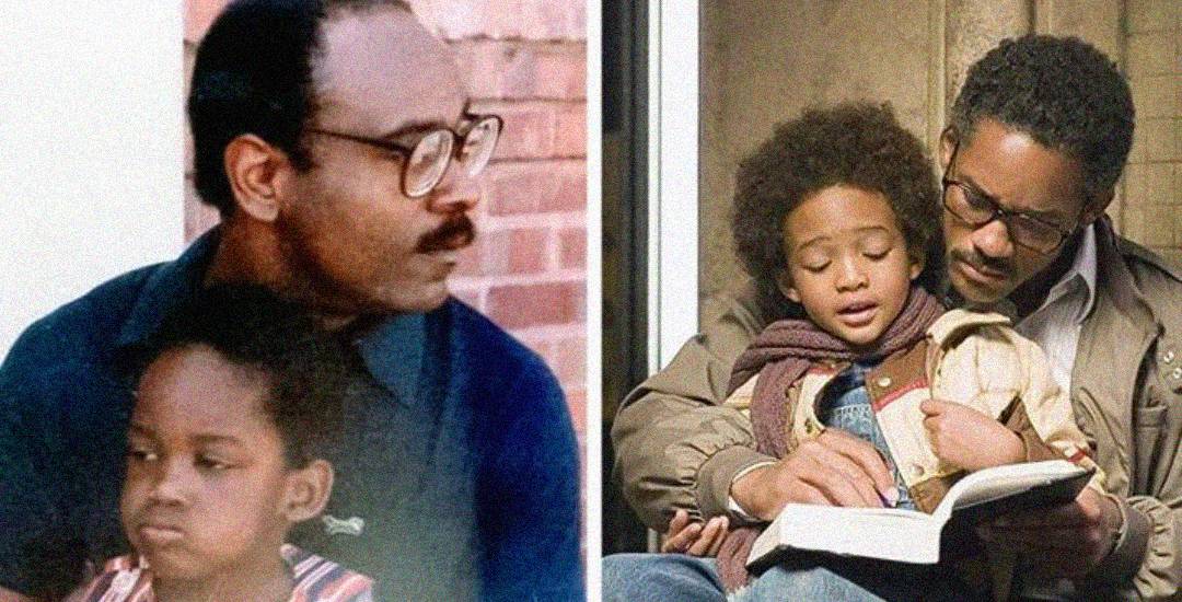 Side-by-side photos: on the left, a man with glasses and a mustache sits with a young girl; on the right, a man with glasses reads a book to a young boy sitting on his lap.