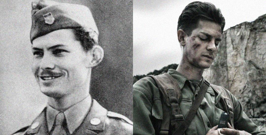 A black-and-white photo on the left shows a smiling WWII soldier in uniform, while the color image on the right depicts a man in military gear with a dirty face, holding a small object, standing outdoors by rocky terrain.