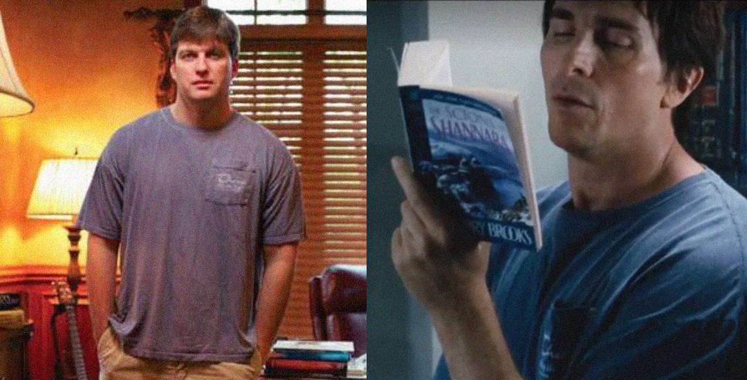Side-by-side images: On the left, a man in a blue T-shirt stands indoors near a window. On the right, the same man, also in a blue T-shirt, reads a book with concentration.