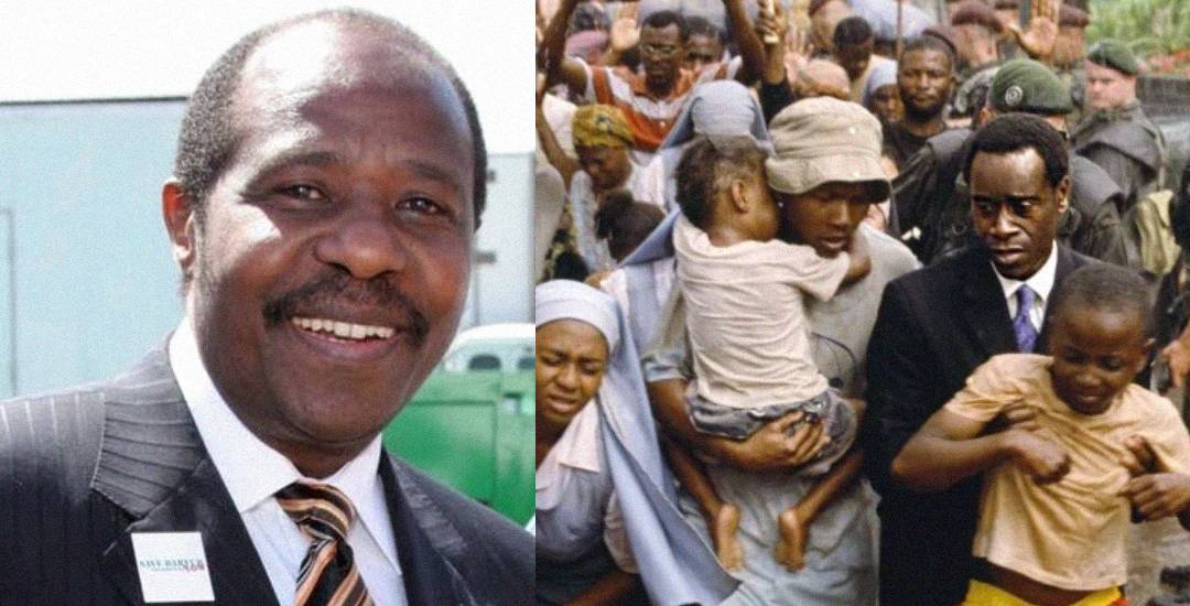 A split image: on the left, a man in a suit smiling at the camera; on the right, a group of people, including children and nuns, moving through a crowded outdoor area, some looking distressed.