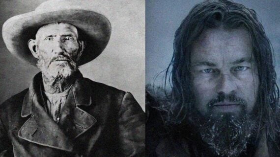 Leonardo DiCaprio in The Revenant alongside the real-life frontiersman Hugh Glass who inspired the story