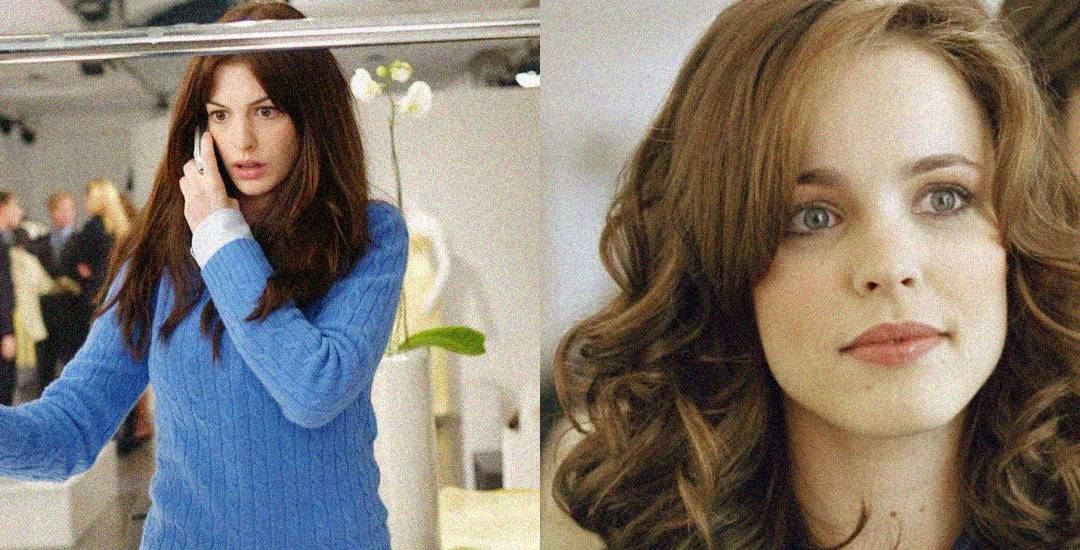 Split image: On the left, a woman with long brown hair in a blue sweater talks on the phone, looking concerned. On the right, a woman with wavy brown hair and blue eyes gazes slightly upward, looking thoughtful.