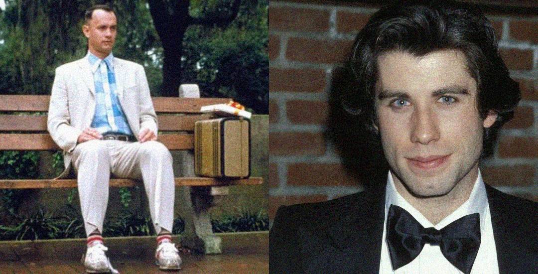 A split image: on the left, a man in a light-colored suit and sneakers sits on a park bench with a suitcase; on the right, a man in formal attire, with dark hair, poses in front of a brick wall.