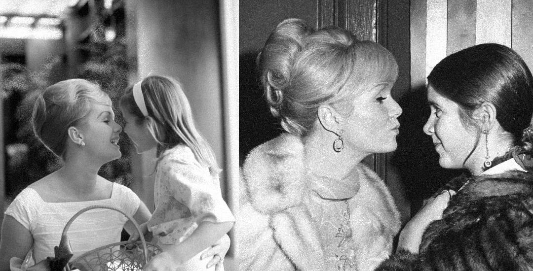 Two black-and-white photos: on the left, a woman and a young girl touch noses and smile; on the right, the same woman, older, leans toward another woman, both wearing formal attire and fur coats.