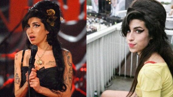 Side-by-side photos of Amy Winehouse with her signature beehive hairstyle and winged eyeliner