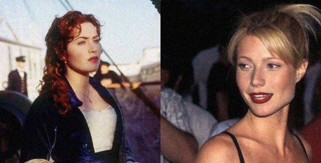 Split image: On the left, a woman with red hair in period clothing stands on a ship. On the right, a blonde woman with an updo and dark lipstick looks to the side at an event.