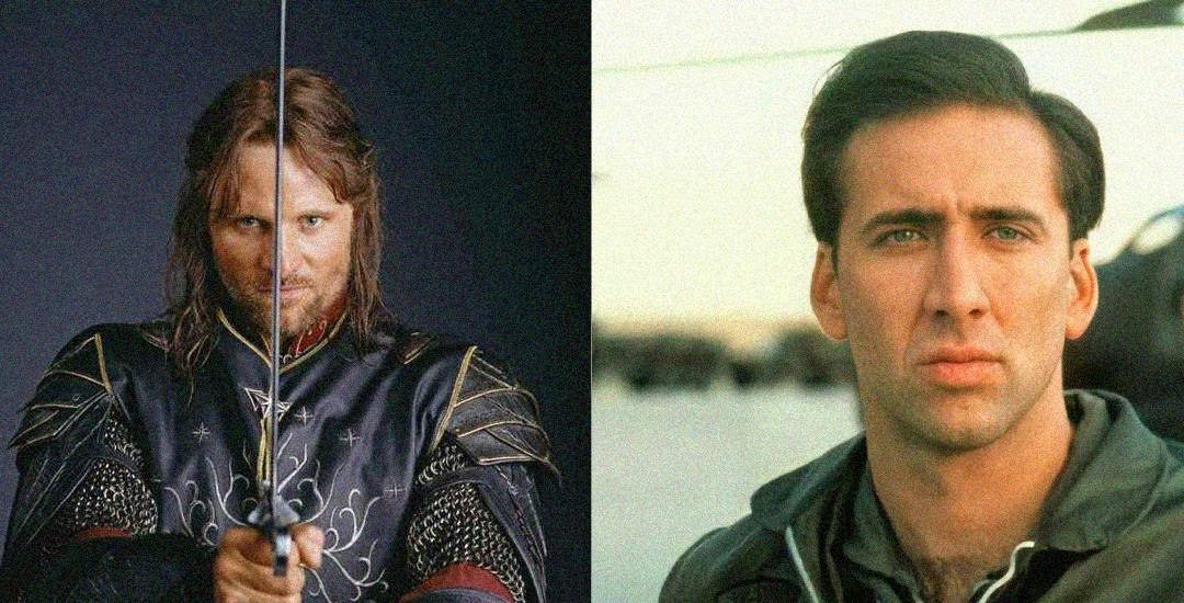 A split image shows a long-haired man in medieval armor holding a sword on the left, and a man with short dark hair in a green jacket looking serious on the right.