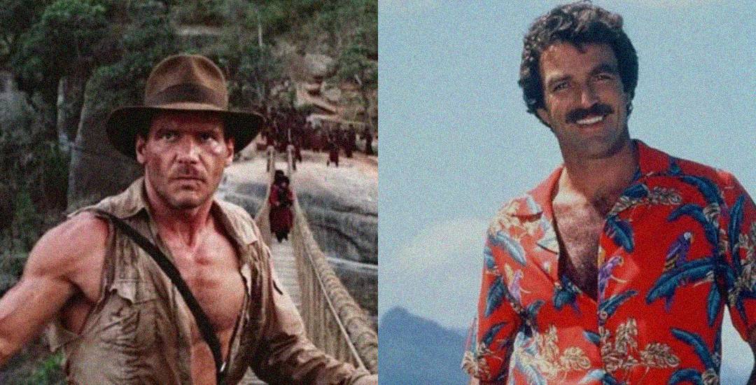 Split image: On the left, a man in a hat and open shirt stands on a rope bridge in a jungle setting. On the right, a man with a mustache wears a red tropical shirt and smiles with blue sky in the background.