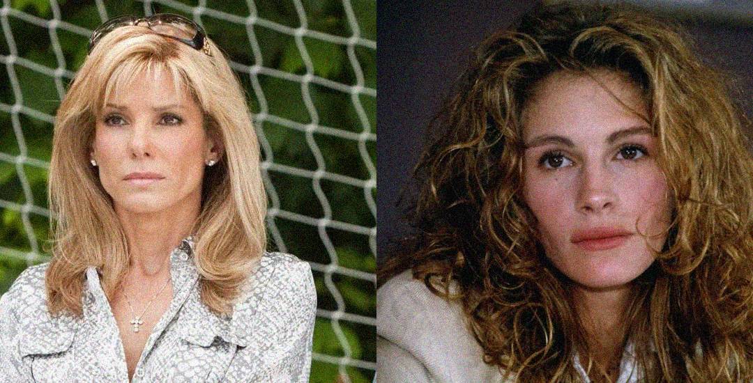 Two women are shown side by side. The woman on the left has straight blonde hair, wears a patterned blouse, and sunglasses on her head. The woman on the right has wavy brown hair and is looking slightly away from the camera.