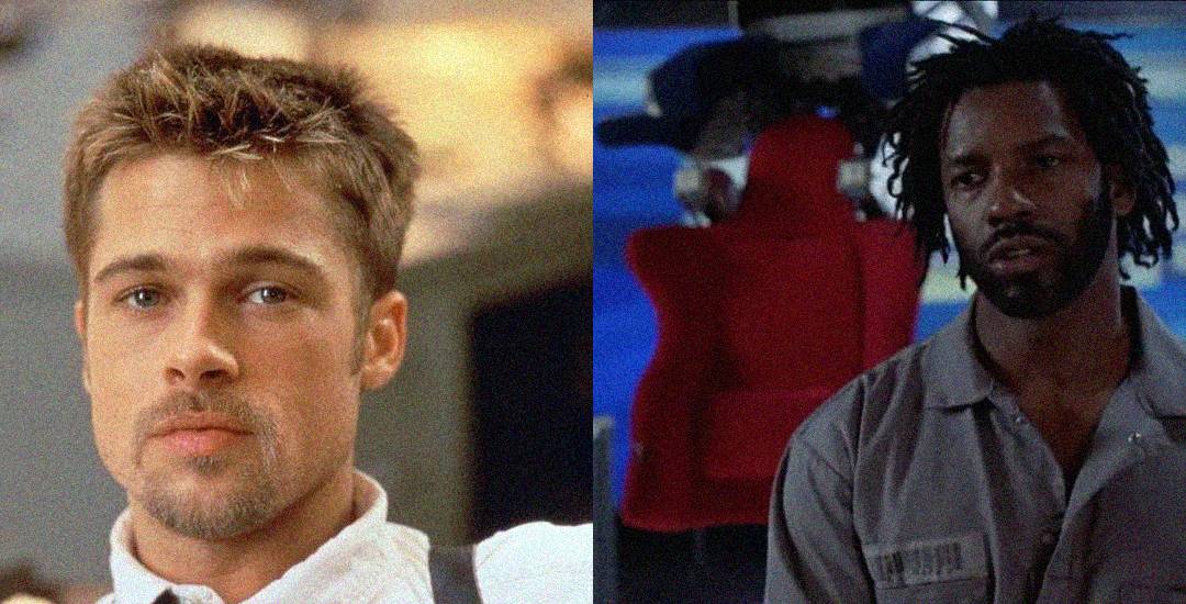 Split image: On the left, a man with short, spiked blond hair and a goatee looks ahead. On the right, a man with dreadlocks and a beard stands indoors, wearing a gray shirt, with a red chair in the background.