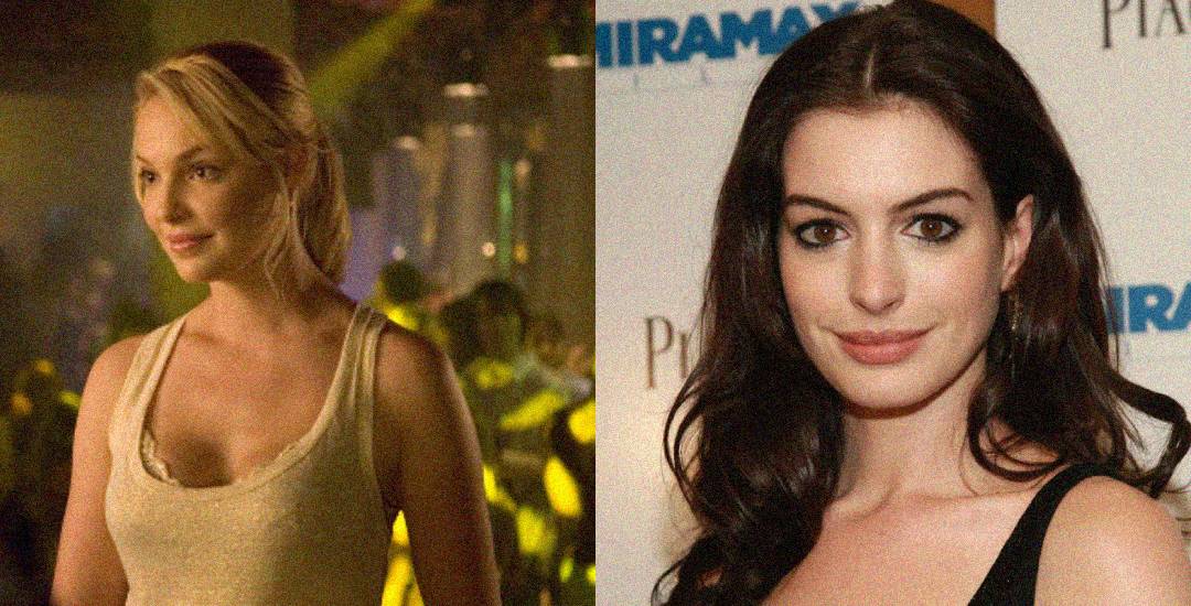 A split image shows two women: on the left, a woman in a beige tank top with blonde hair pulled back, standing in a dimly lit setting; on the right, a woman with long dark hair in a black dress, posing at an event.