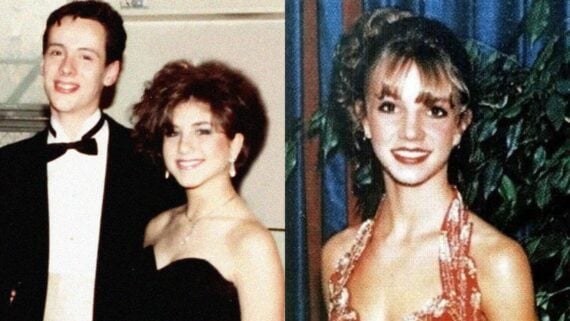 Celebrity prom pictures of Britney Spears and Jennifer Aniston posing at prom in classic high school outfits