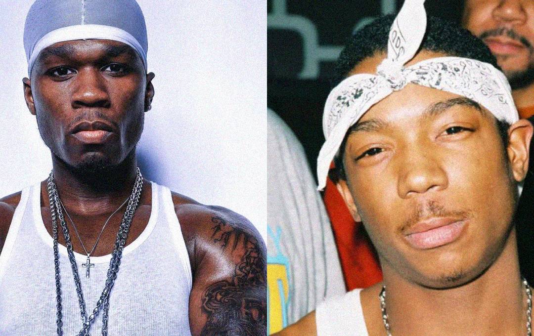 Two men are shown side by side. The man on the left wears a silver durag, white tank top, and chains. The man on the right wears a white bandana and a white tank top, standing in front of a blurred background.