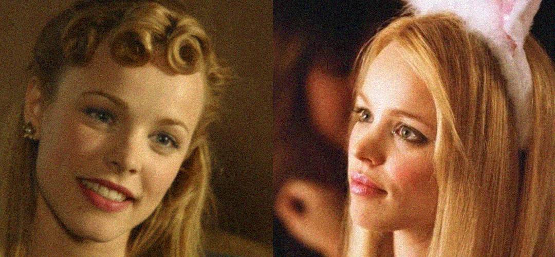 Split image showing the same woman in two different styles: on the left, she has vintage curled hair and red lipstick; on the right, she has straight blonde hair and wears a white headband with bunny ears.