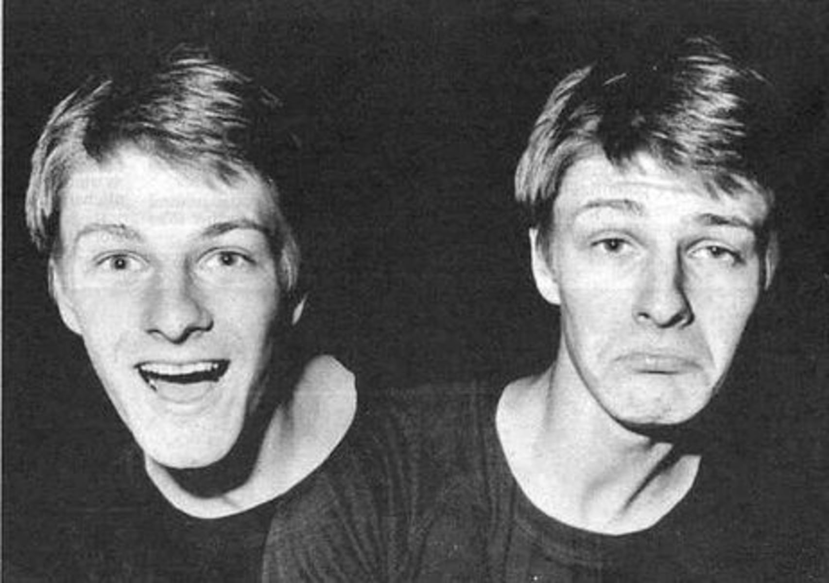 Black and white photo of a young person with short hair, wearing a dark shirt, showing two different facial expressions: one smiling widely and the other frowning with a sad look.