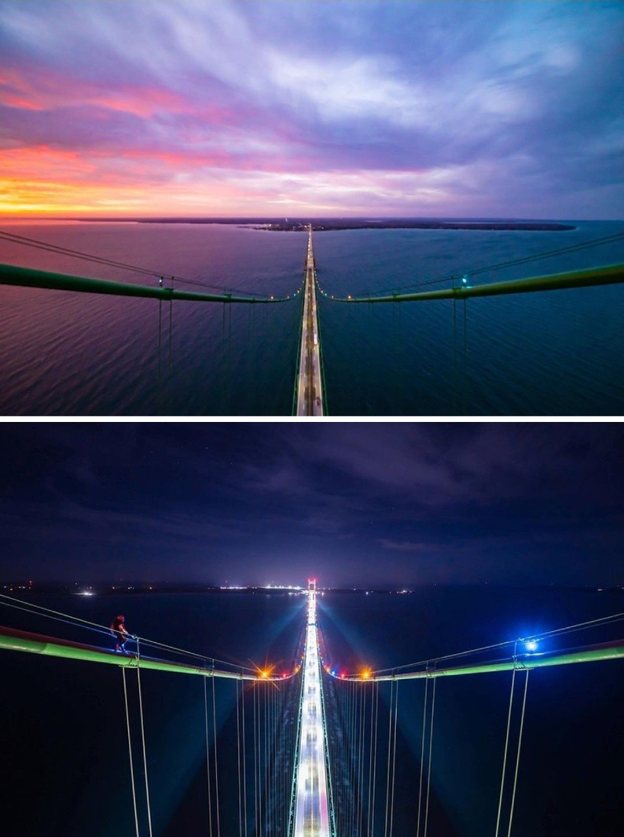 Two aerial views of a long suspension bridge over water, taken at different times: the top image shows a colorful sunset, while the bottom image shows the bridge lit up at night with bright lights.