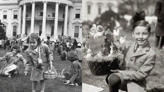 Children enjoying an Easter egg hunt outdoors and a smiling child holding a basket filled with Easter eggs