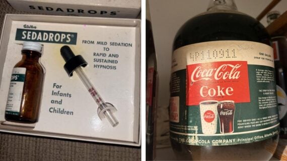 Left: A vintage Sedadrops box with bottle and dropper for infant sedation. Right: An old glass bottle of Coca-Cola labeled "Coke" with vintage branding and images of full glasses.