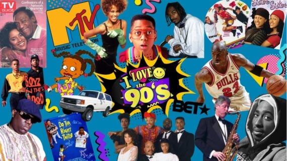A colorful collage featuring 1990s pop culture icons, TV shows, musicians, cartoons, athletes, and logos, with &ldquo;I Love the 90&rsquo;s&rdquo; in the center, symbolizing music, fashion, and entertainment from the decade.