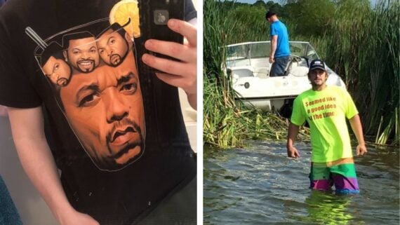Left: Person wearing a t-shirt with Ice Cube&rsquo;s face and heads in a glass of iced tea. Right: Man standing in shallow water near a boat, wearing a neon shirt that reads, "It seemed like a good idea at the time.