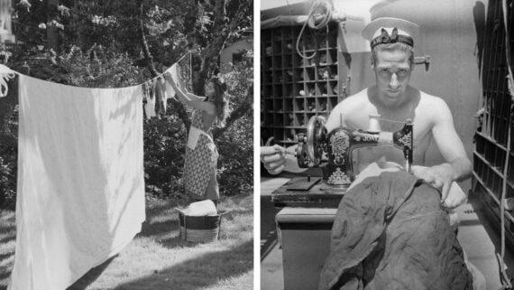 Split image: On the left, a woman hangs laundry on a clothesline outdoors. On the right, a man in a sailor hat uses a sewing machine, working intently on fabric. Both images are in black and white.