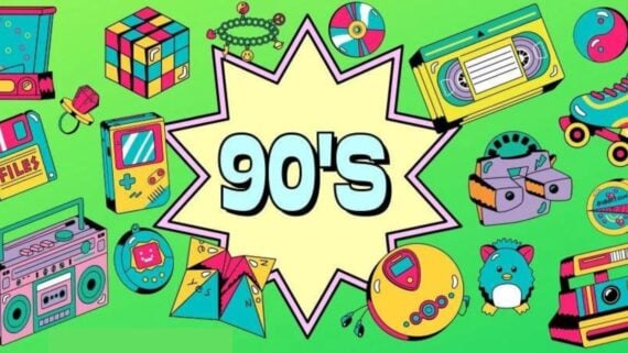 Colorful illustration with &ldquo;90&rsquo;s&rdquo; in bold letters at the center, surrounded by retro items like a Rubik&rsquo;s Cube, cassette tape, boombox, floppy disk, CD, Tamagotchi, and other vintage 1990s gadgets on a green background.