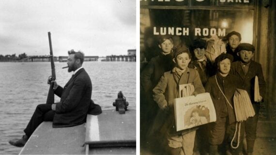 A split image: on the left, a man in a suit sits on a boat holding a rifle; on the right, a group of young newspaper boys and girls stand in front of a lunch room, holding newspapers and looking at the camera.