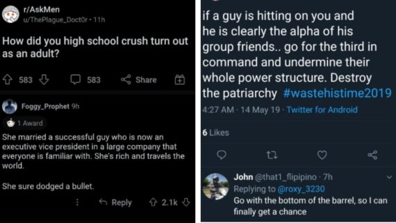 A split image: on the left, a Reddit post asks, "How did your high school crush turn out as an adult?" with a reply about her marrying a successful executive; on the right, a tweet jokes about undermining a friend group&rsquo;s hierarchy to help the patriarchy fall.