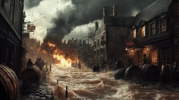 A dark, chaotic street scene shows floodwaters rushing through an old city as flames and smoke engulf buildings in the background. People and large barrels struggle against the current under a stormy sky.