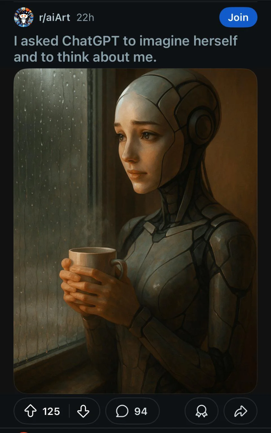 A humanoid female robot with a gentle expression holds a mug while gazing thoughtfully out a rain-streaked window. The image is soft and warm, blending human and robotic features seamlessly.