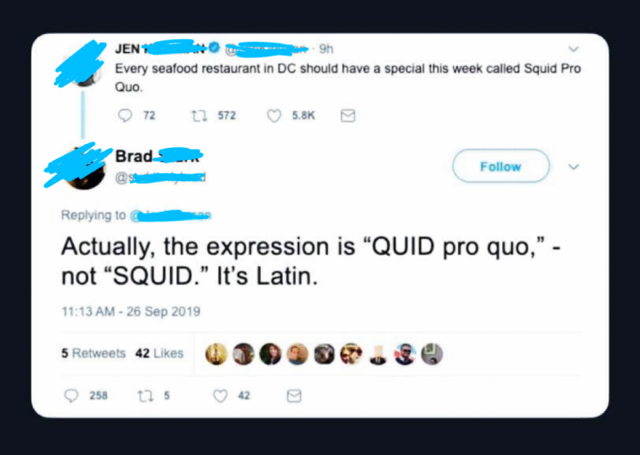 A Twitter exchange where one user suggests DC seafood restaurants have a "Squid Pro Quo" special, and another corrects them, stating the expression is "Quid pro quo," not "Squid," since it’s Latin.