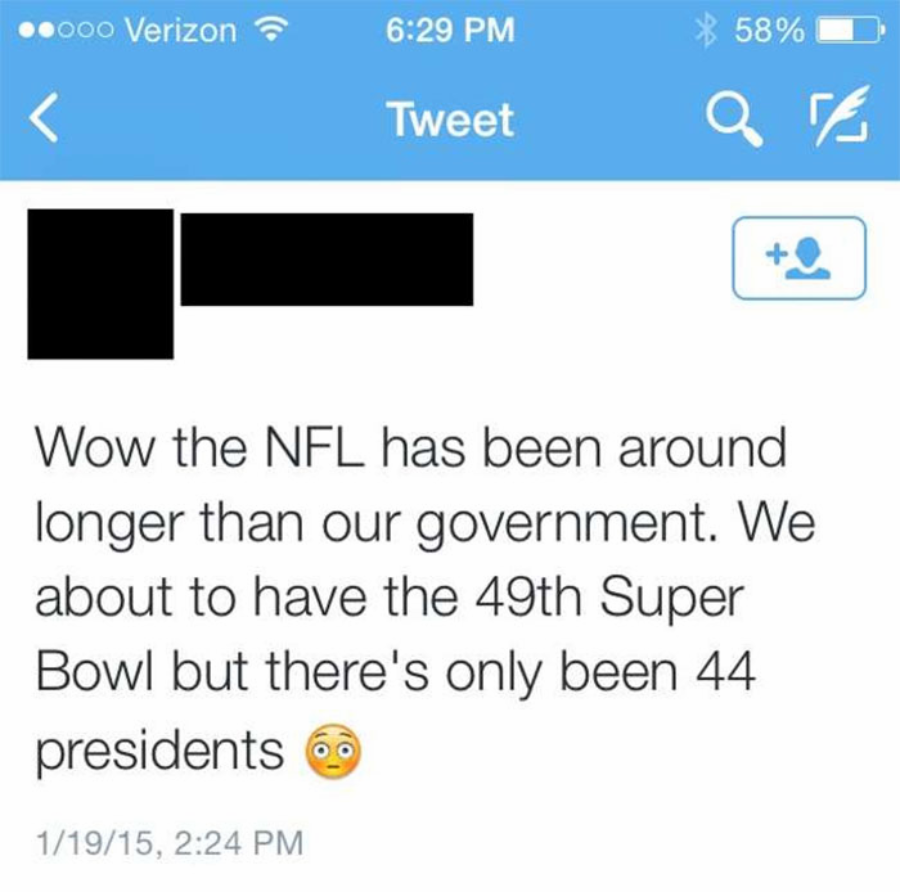 A tweet reads: "Wow the NFL has been around longer than our government. We about to have the 49th Super Bowl but there’s only been 44 presidents" followed by a surprised face emoji.