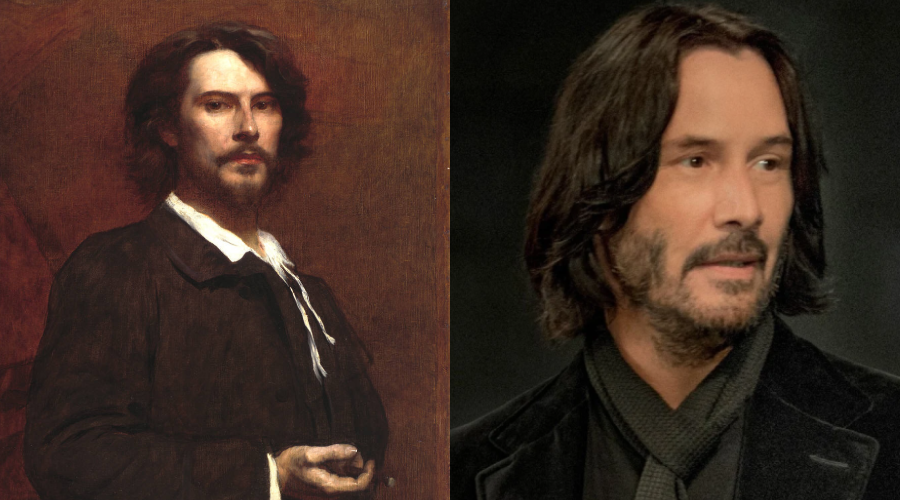 A split image featuring a classical portrait of a man with long dark hair and a beard on the left, and a modern photograph of a similarly styled man with shoulder-length hair and a trimmed beard on the right.