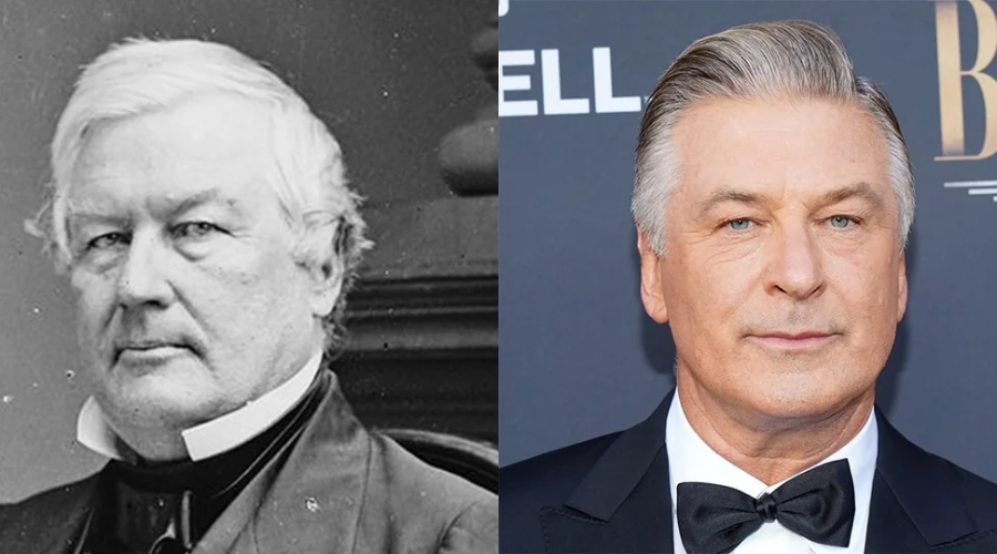 Side-by-side portraits of two older men with similar facial features; the left is a black-and-white historical photograph, the right is a modern color photo of a man in a tuxedo at an event.