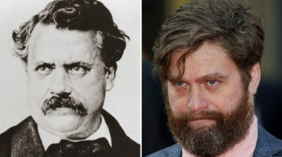 A split image shows a black-and-white portrait of a serious man with curly hair and a bushy mustache on the left, and a color photo of a bearded man with tousled hair in a suit on the right.