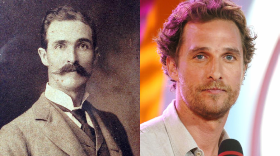 A split image featuring a sepia-toned portrait of a man with a mustache in a suit on the left, and a modern color photo of a man with short wavy hair and stubble, holding a microphone, on the right.