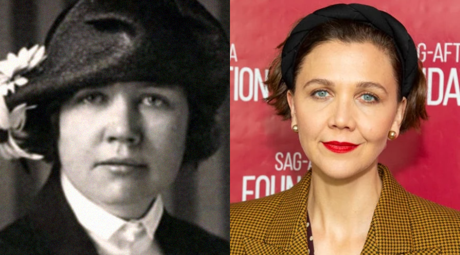 A black-and-white photo of a woman in a hat with a flower, next to a color photo of a woman with short hair, red lipstick, and a headband, in front of a red background.