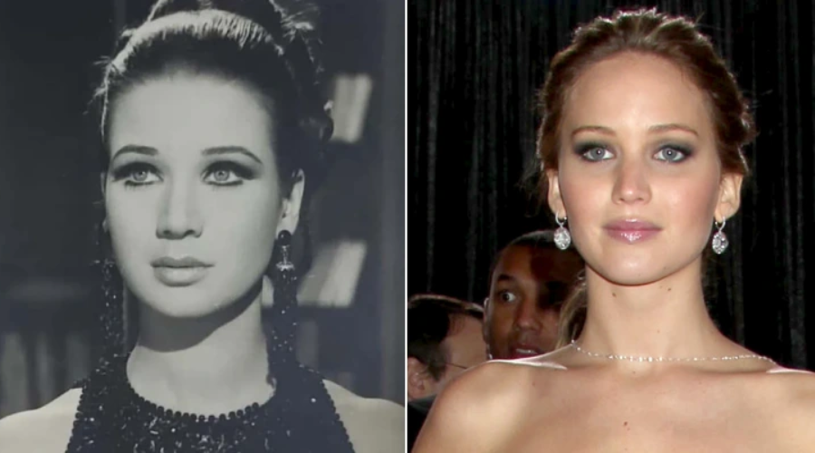 Side-by-side comparison of two women. Left: black-and-white photo of a young woman with dramatic eye makeup, updo hairstyle, and beaded necklace. Right: color photo of a young woman in a strapless dress with diamond earrings at a formal event.