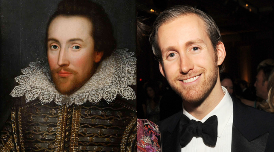 On the left, a historic painting of a man in elaborate Elizabethan attire with a lace collar. On the right, a modern man in a tuxedo smiling at an event with dim lighting and people in the background.