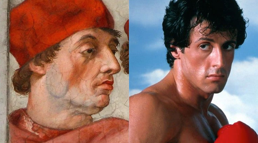 A side-by-side comparison of a Renaissance-era painting of a man in a red hat and a modern photo of a man with curly dark hair and boxing gloves, both facing right.