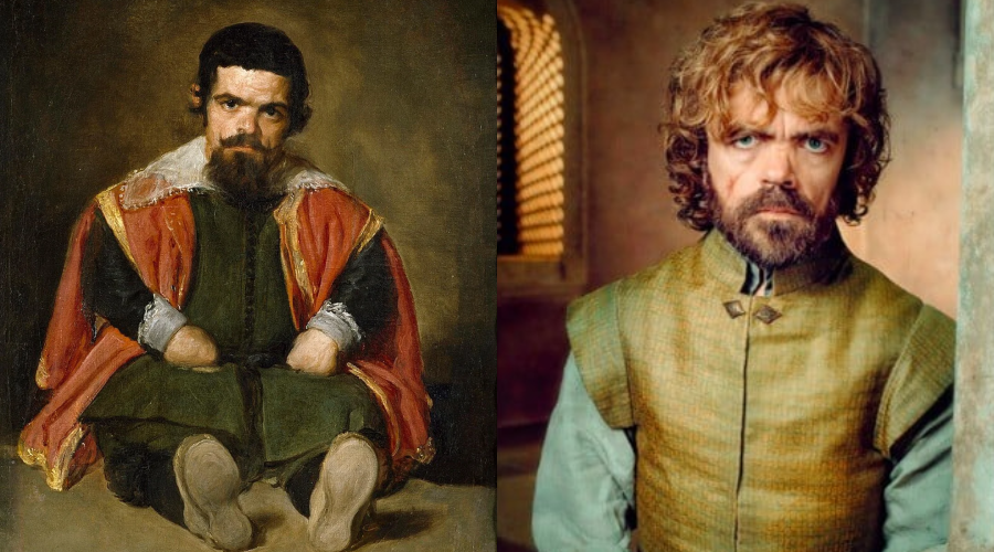 Side-by-side images: on the left, a bearded man with dwarfism sitting in royal attire from a classical painting; on the right, a bearded man with curly hair in medieval-style clothing in a TV show setting.