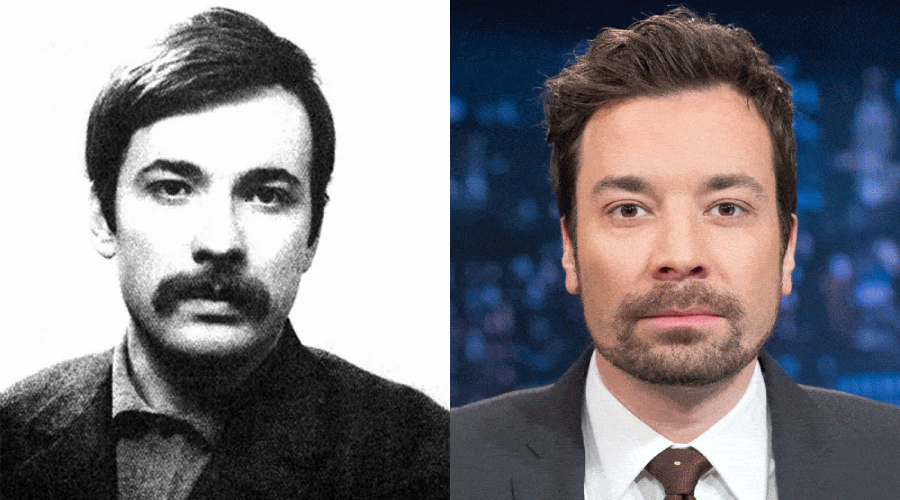 Side-by-side portraits of two men; the left is a black-and-white vintage photo of a man with a mustache, the right is a modern color photo of a clean-shaven man in a suit and tie.