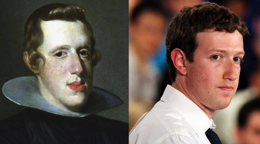 A side-by-side comparison of a painted portrait of a historical man with light skin and distinctive lips, and a modern photo of a man with short brown hair in a white shirt looking over his shoulder.