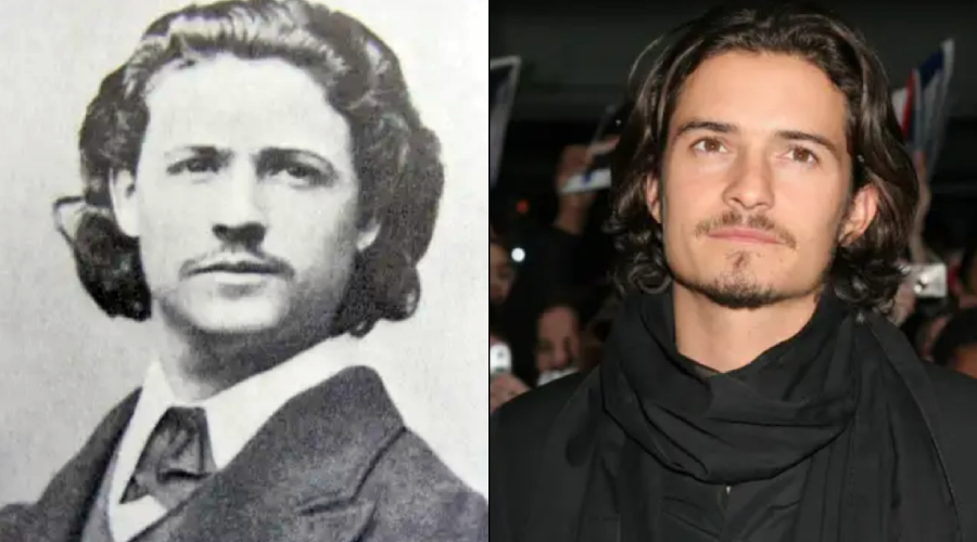 A split image shows a sepia-toned portrait of a man with wavy hair and a mustache on the left, and a modern color photo of a man with similar hair, light facial hair, and a black scarf on the right.